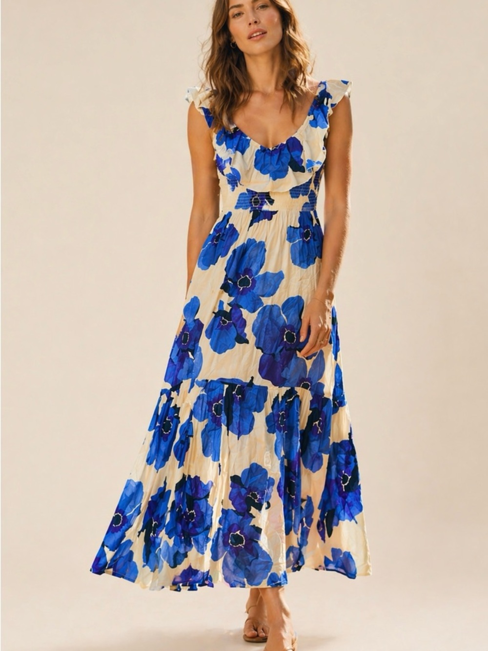 Abel the Label Anthropologie Blue Floral Drop Waist Beachy Ruffle Maxi Dress